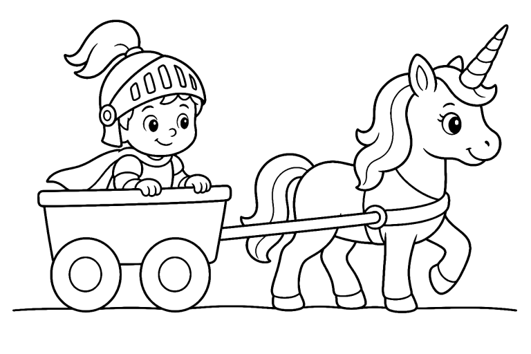 Ritter auf dem Einhornwagen - Ausmalbild ab 4 Jahren