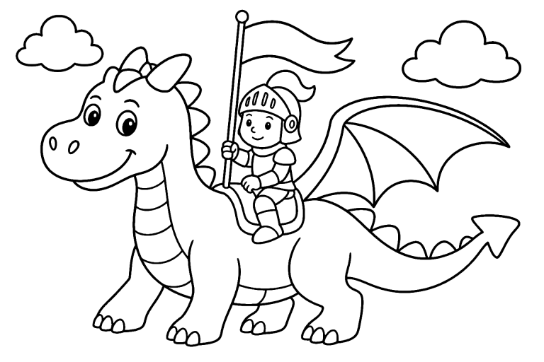 Ritter auf dem freundlichen Drachen - Ausmalbild ab 4 Jahren