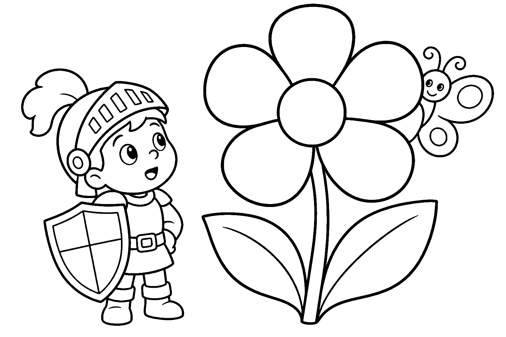 Ritter findet eine Riesenblume - Ausmalbild ab 4 Jahren