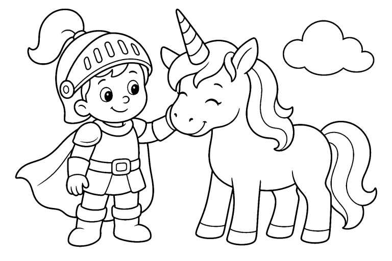 Ritter und das freundliche Einhorn - Ausmalbild ab 4 Jahren