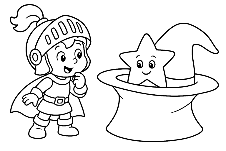 Ritter und der kleine Zauberhut - Ausmalbild ab 4 Jahren