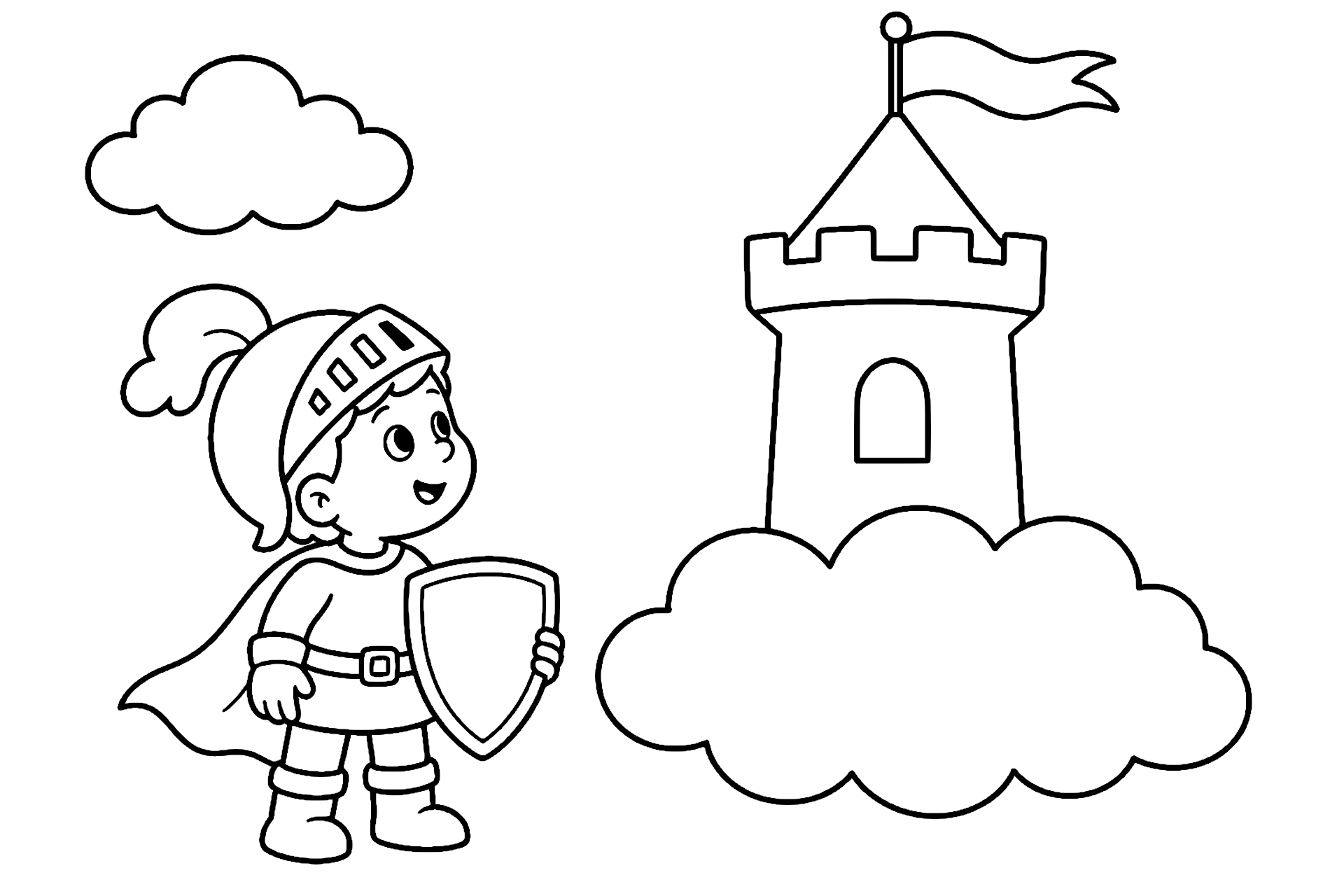 Ritter und der Wolkenschloss-Turm - Ausmalbild ab 4 Jahren
