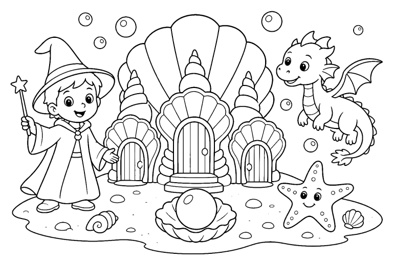 Der Zauberer und das geheimnisvolle Muschelschloss - Ausmalbild ab 4 Jahren