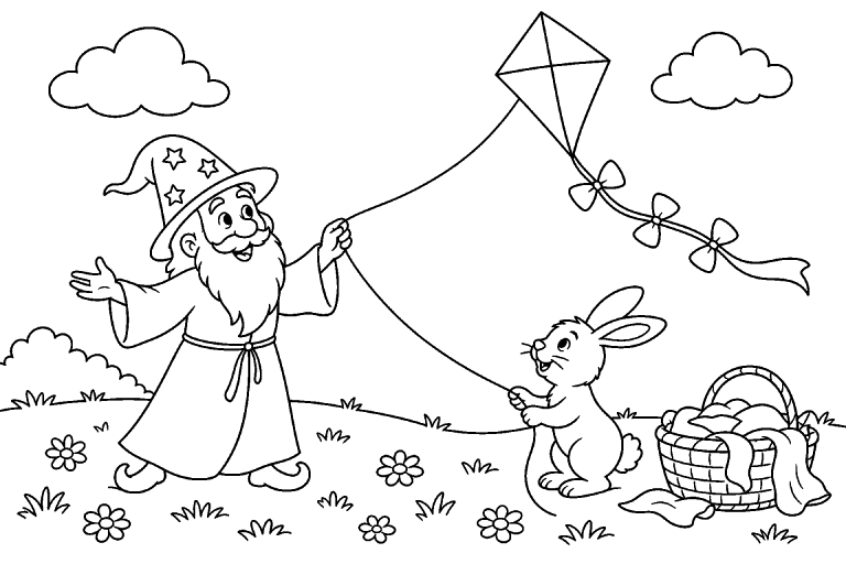 Der Zauberer und der bunte Winddrachen - Ausmalbild ab 4 Jahren