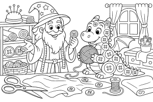 Der Zauberer und der mutige Knopfdrache - Ausmalbild ab 4 Jahren