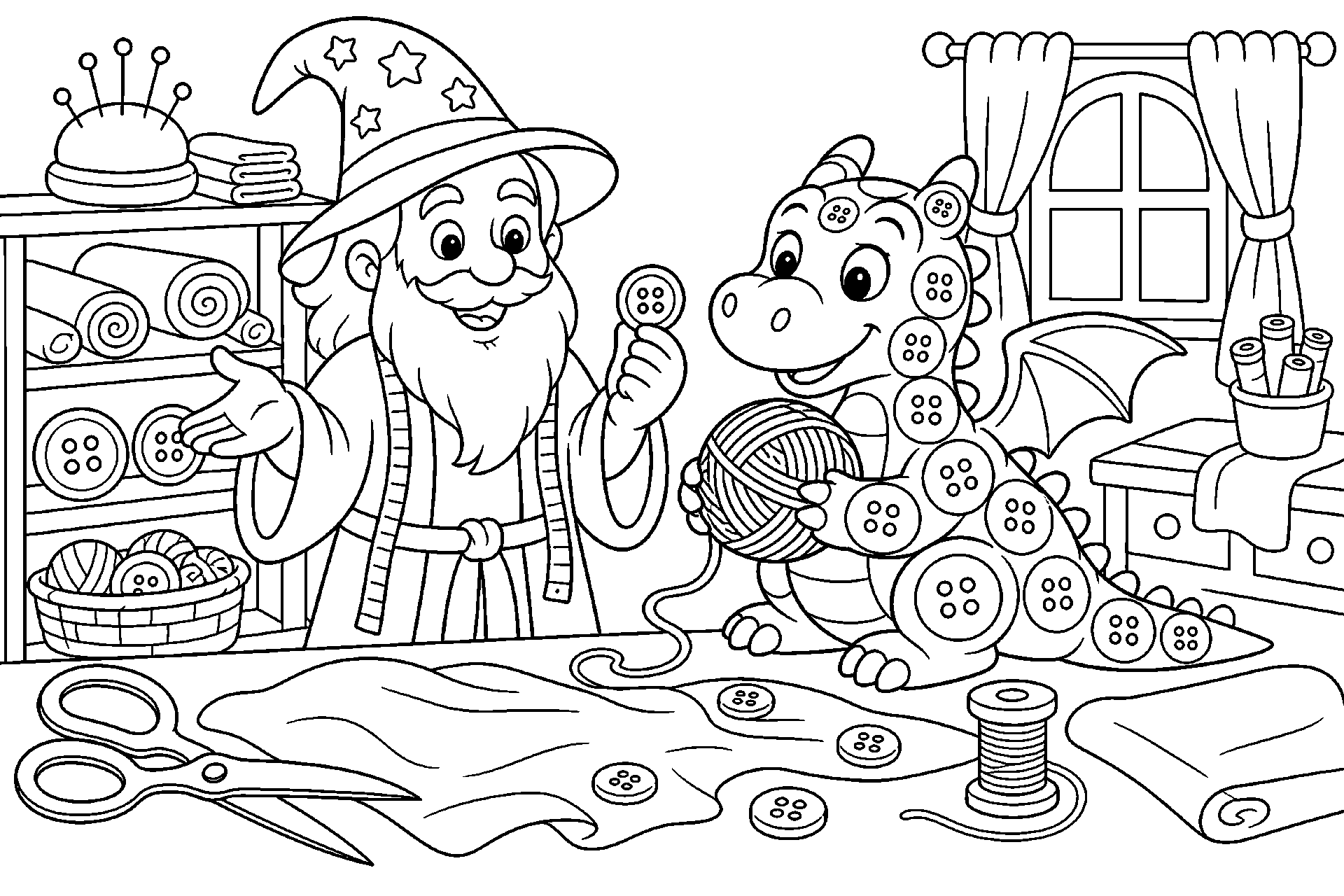 Der Zauberer und der mutige Knopfdrache - Ausmalbild ab 4 Jahren