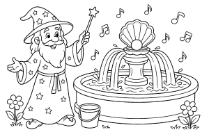 Der Zauberer und der singende Brunnen - Ausmalbild ab 4 Jahren