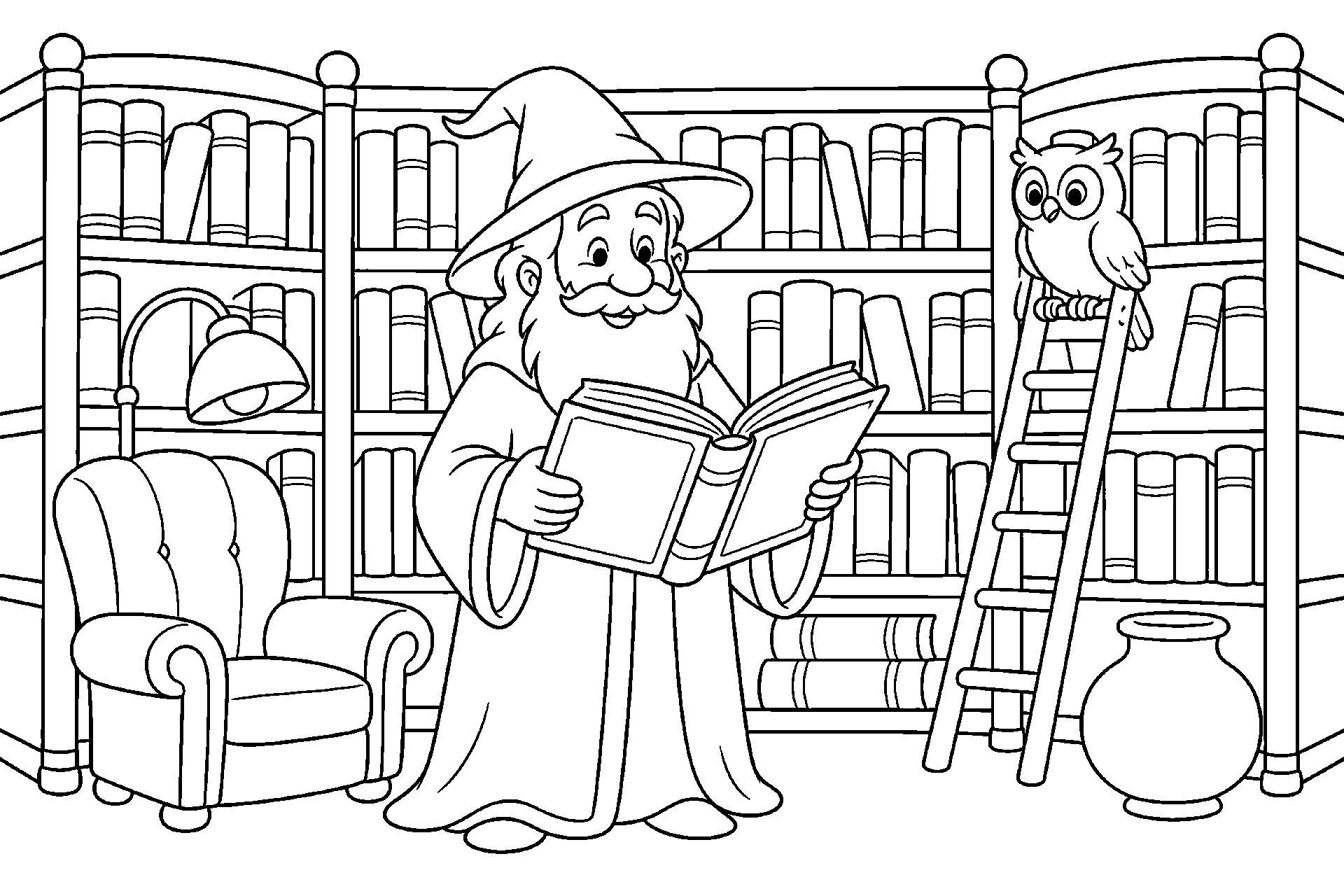 Der Zauberer und die Zauberbibliothek - Ausmalbild ab 4 Jahren