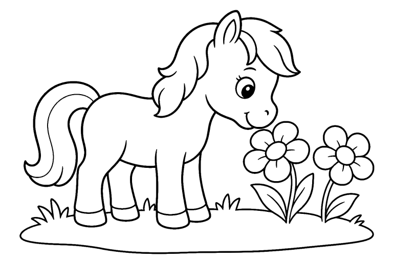 Kleines Pony auf der Wiese - Ausmalbild ab 4 Jahren