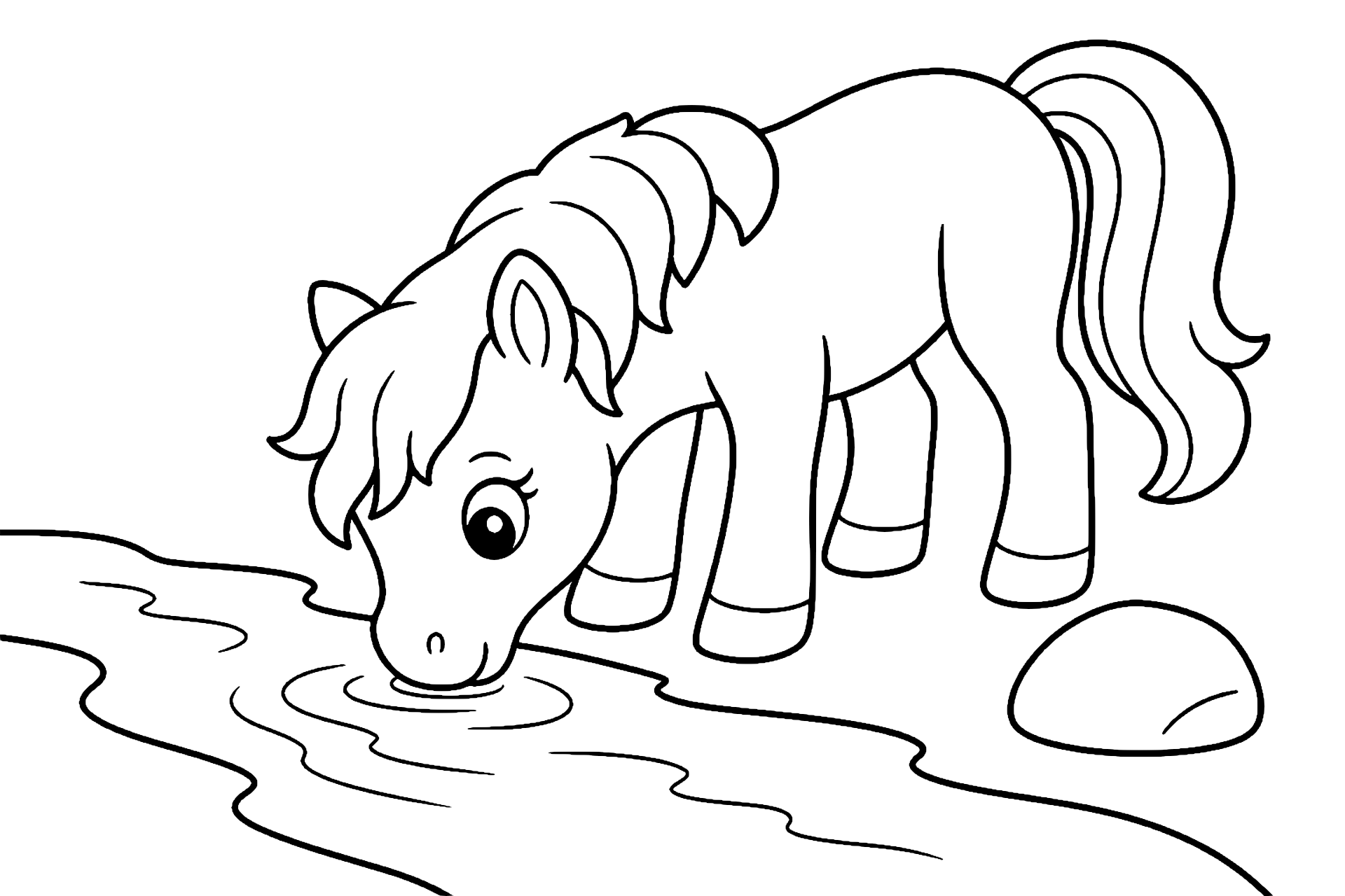 Pony am kleinen Bach - Ausmalbild ab 4 Jahren