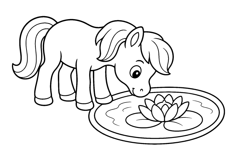 Pony auf dem Weg zum Teich - Ausmalbild ab 4 Jahren