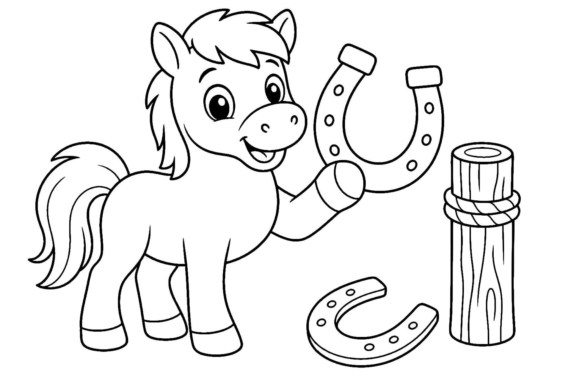 Pony beim Hufeisenwerfen - Ausmalbild ab 4 Jahren