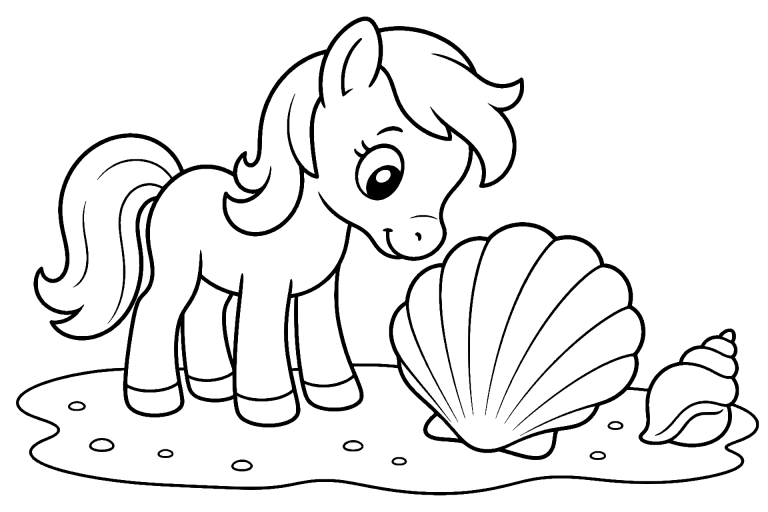 Pony beim Muschelsammeln - Ausmalbild ab 4 Jahren