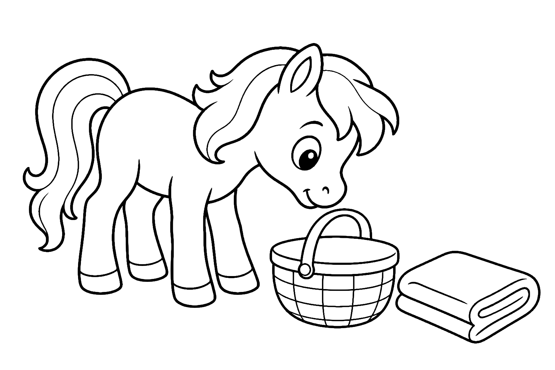 Pony beim Picknickkorb - Ausmalbild ab 4 Jahren