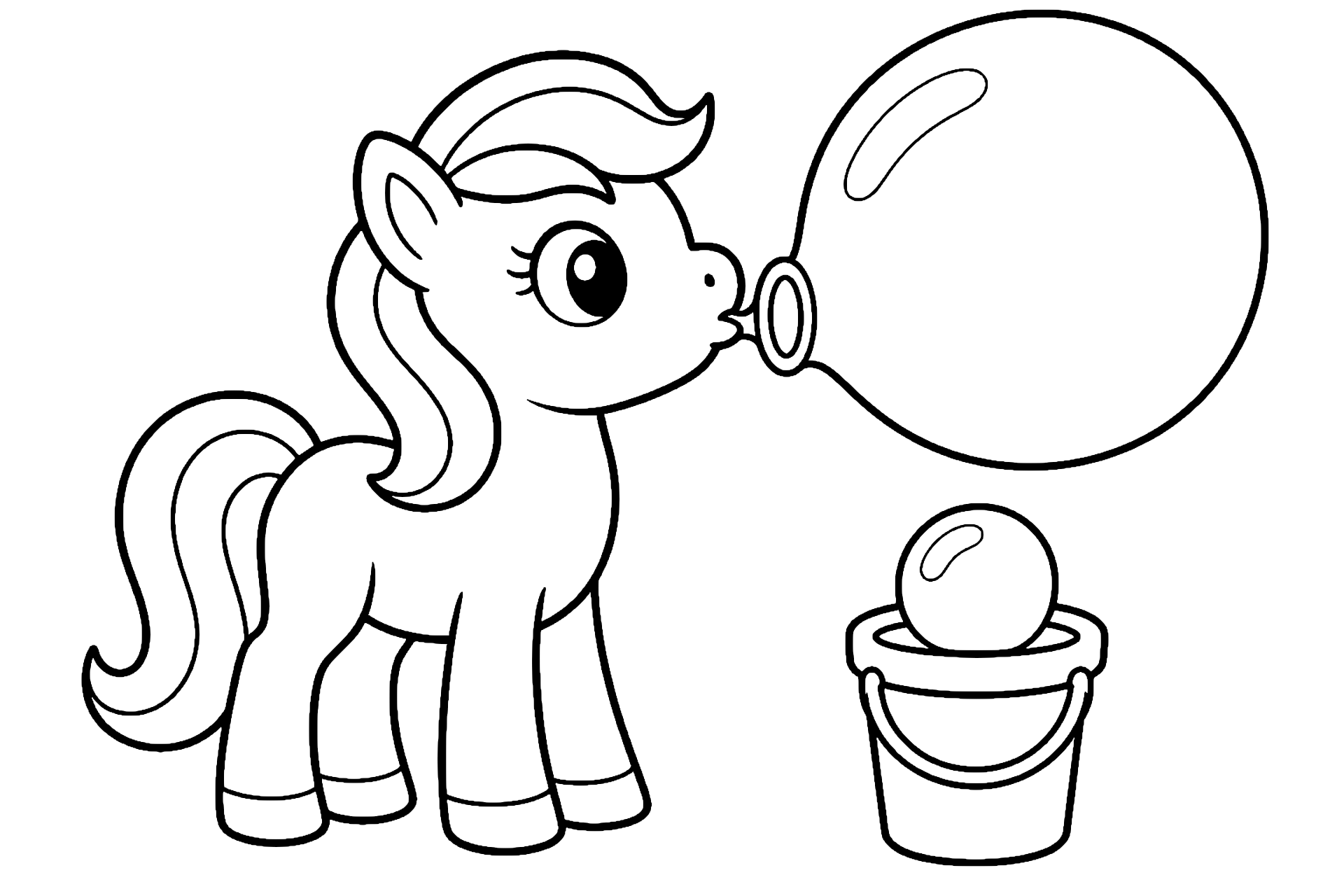 Pony beim Seifenblasenpusten - Ausmalbild ab 4 Jahren