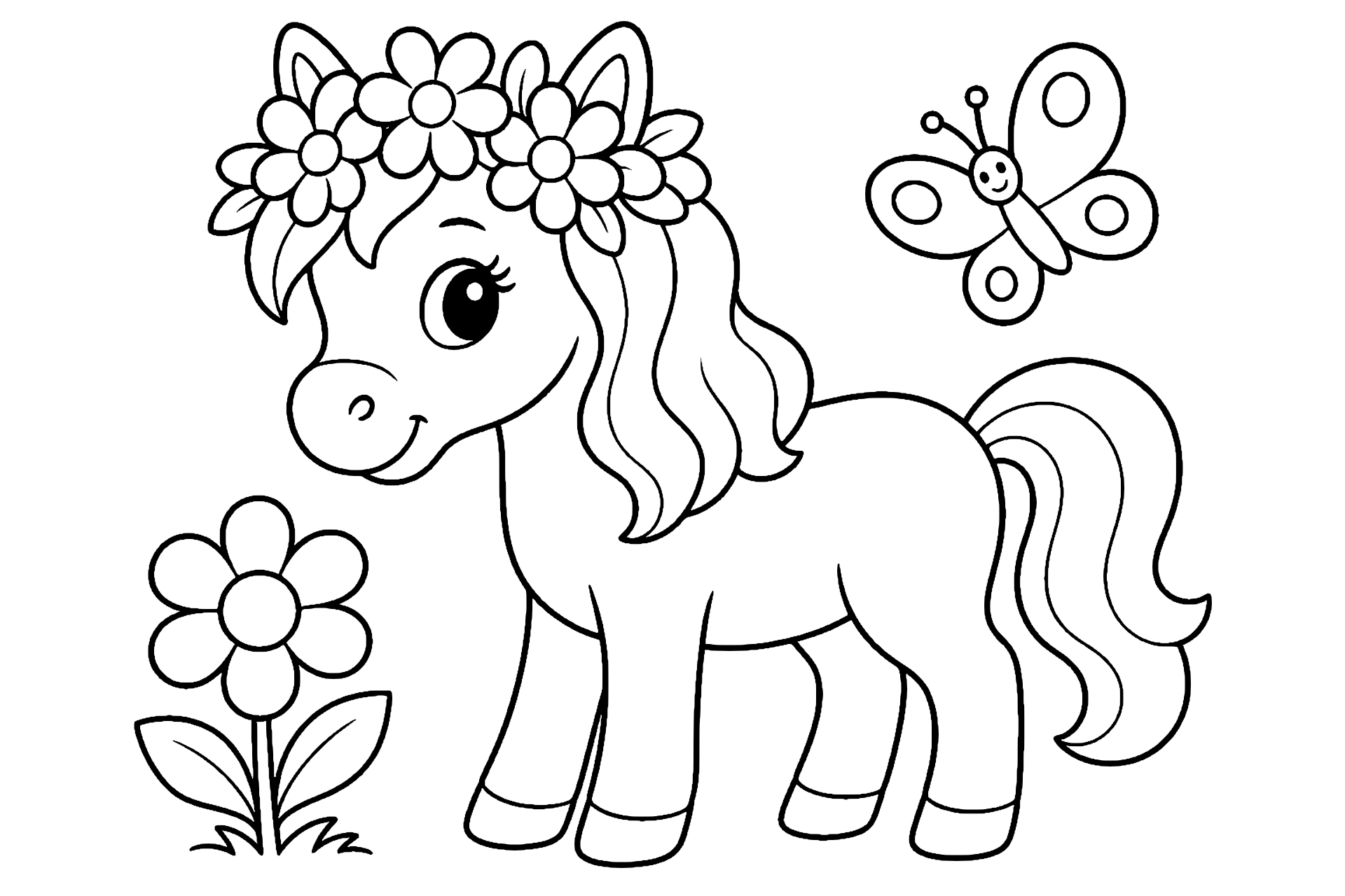 Pony mit Blumenkranz - Ausmalbild ab 4 Jahren