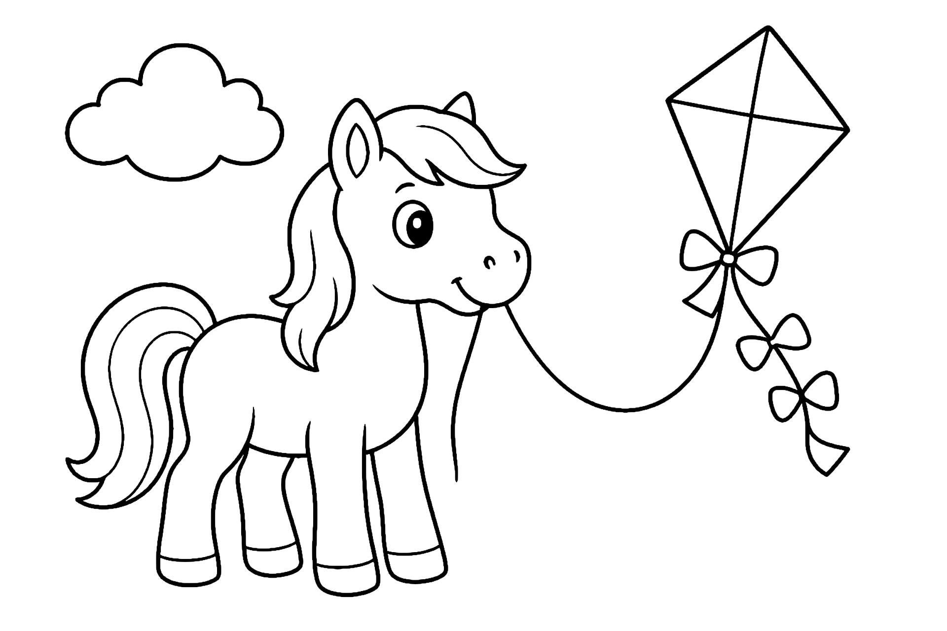 Pony mit buntem Drachen - Ausmalbild ab 4 Jahren