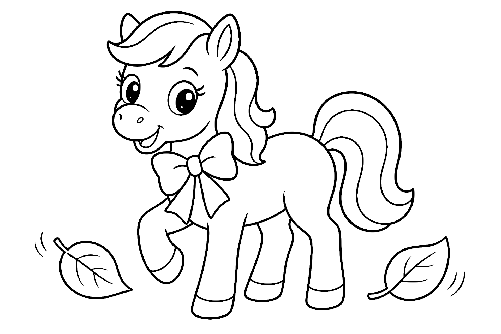 Pony mit flatternder Schleife - Ausmalbild ab 4 Jahren