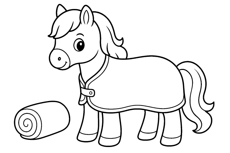 Pony mit Kuscheldecke - Ausmalbild ab 4 Jahren