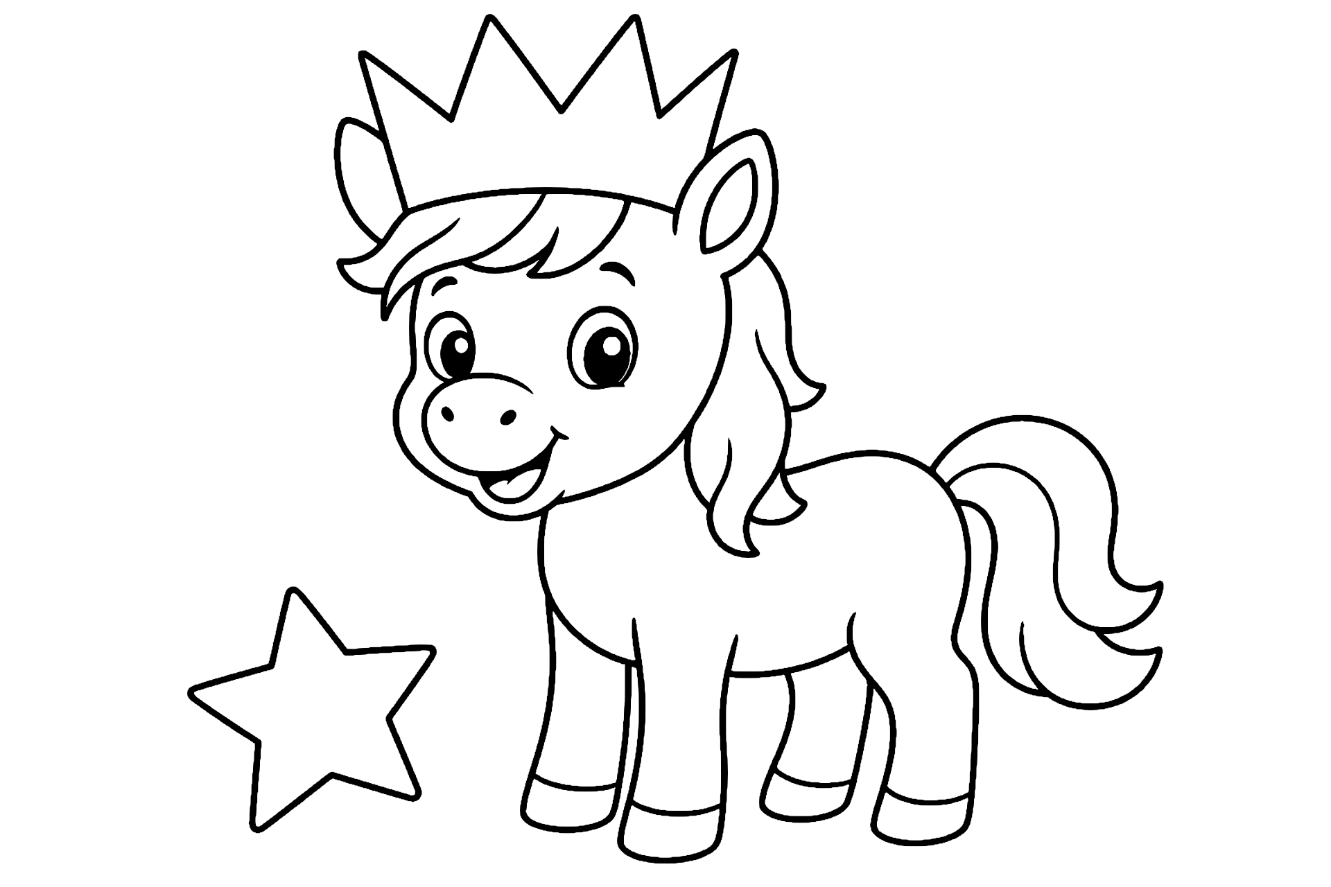 Pony mit Papierkrone - Ausmalbild ab 4 Jahren