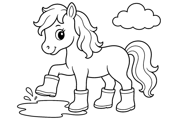 Pony mit Regenstiefeln - Ausmalbild ab 4 Jahren