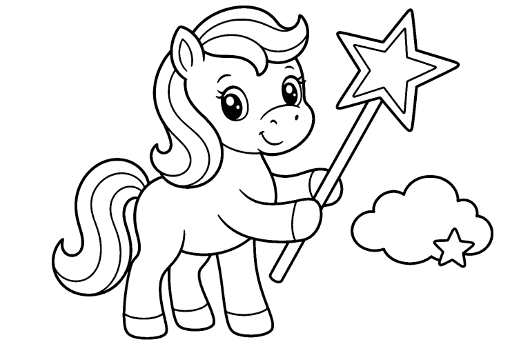 Pony mit Zauberstab - Ausmalbild ab 4 Jahren
