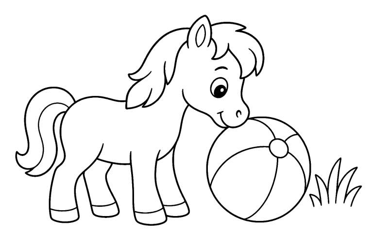 Pony und der große Ball - Ausmalbild ab 4 Jahren