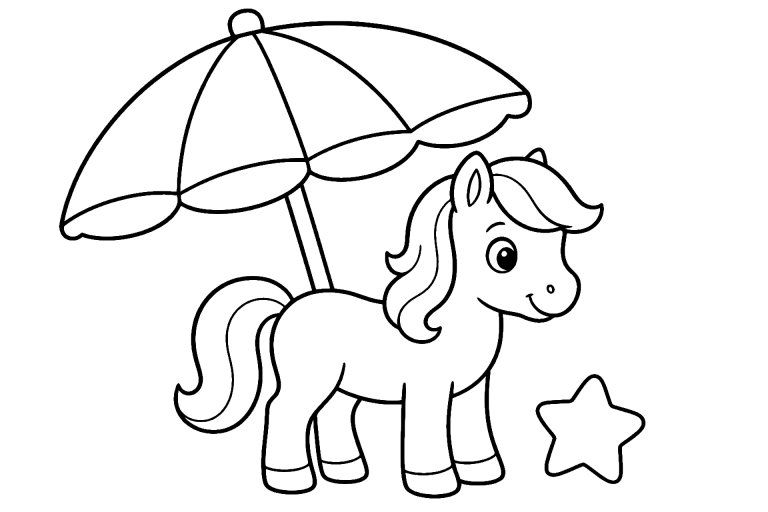 Pony unter dem Sonnenschirm - Ausmalbild ab 4 Jahren