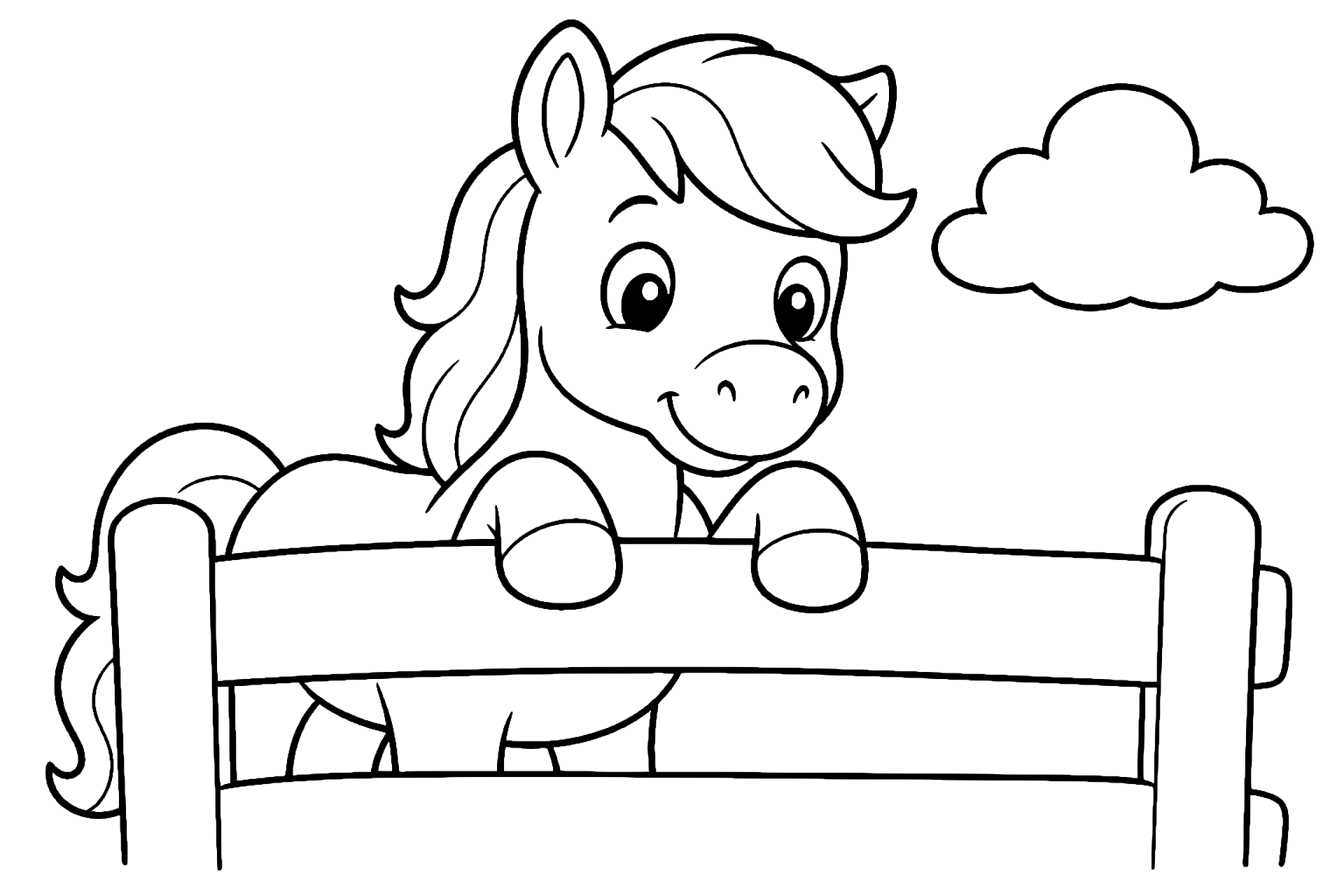 Pony vor dem kleinen Zaun - Ausmalbild ab 4 Jahren