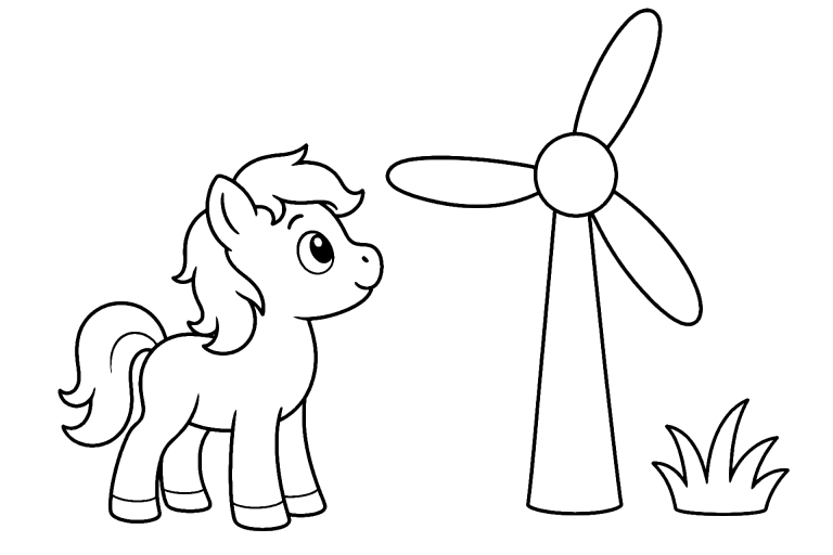 Pony vor dem Windrad - Ausmalbild ab 4 Jahren