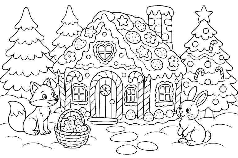 Das Lebkuchenhaus im Winterwald - Ausmalbild ab 6 Jahren
