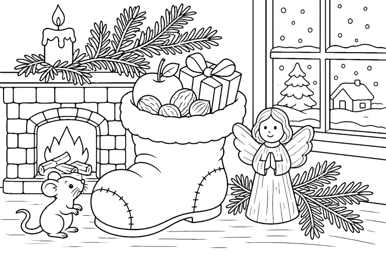 Der Nikolausstiefel am Kamin - Ausmalbild ab 6 Jahren