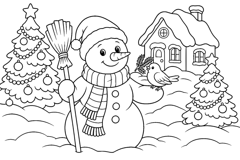 Der Schneemann mit Weihnachtsmütze - Ausmalbild ab 6 Jahren