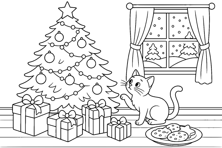 Der Weihnachtsbaum im Wohnzimmer - Ausmalbild ab 6 Jahren