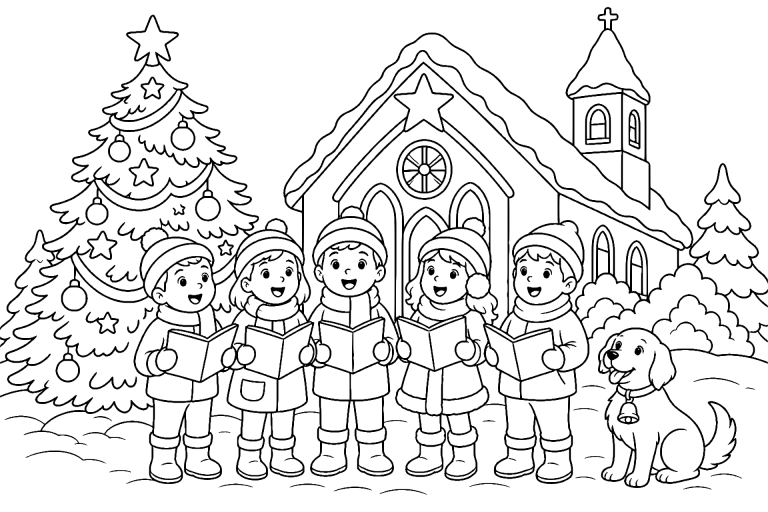 Der Weihnachtschor vor der Kirche - Ausmalbild ab 6 Jahren