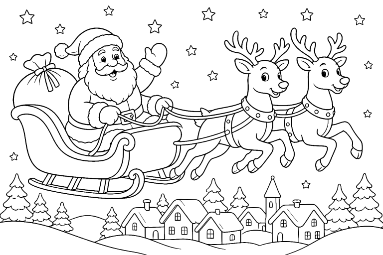 Der Weihnachtsmann auf dem Schlitten - Ausmalbild ab 6 Jahren