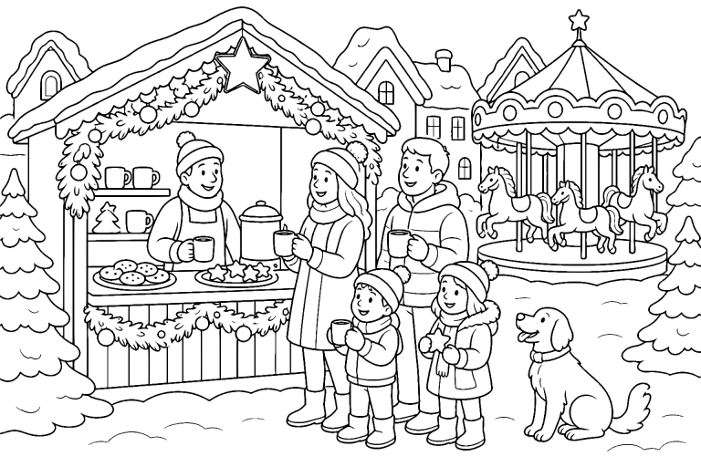 Der Weihnachtsmarkt am Marktplatz - Ausmalbild ab 6 Jahren