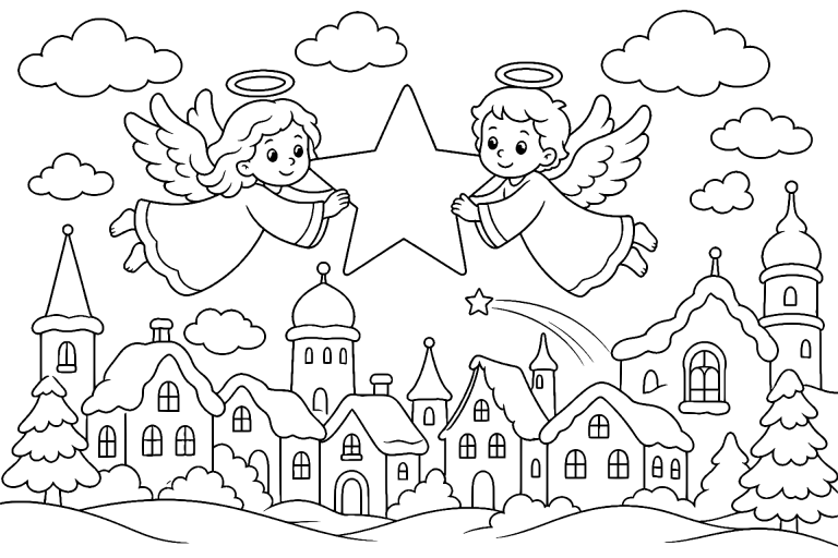 Die Engel im Sternenhimmel - Ausmalbild ab 6 Jahren