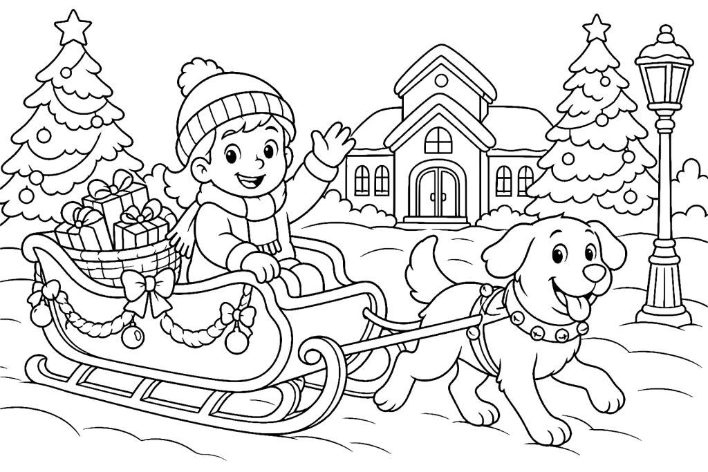Die Schlittenfahrt zur Weihnachtsfeier - Ausmalbild ab 6 Jahren
