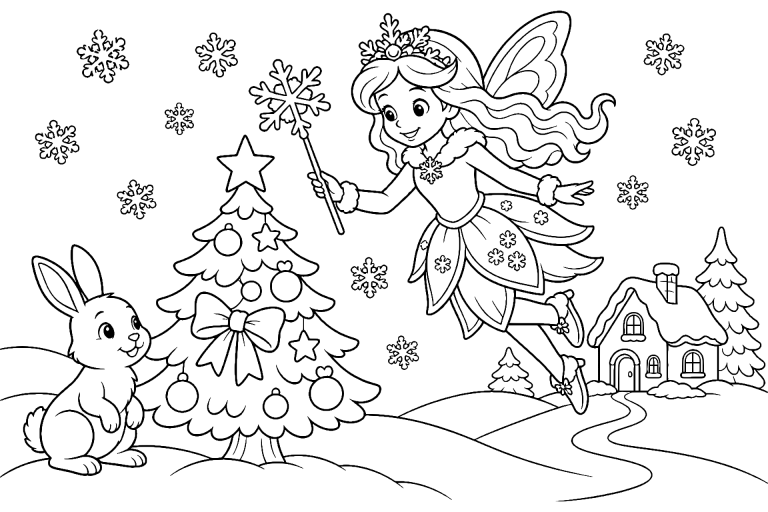 Die Schneeflockenfee und der Tannenbaum - Ausmalbild ab 6 Jahren