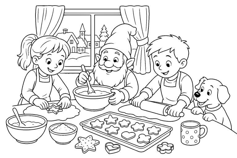 Die Weihnachtsbäckerei im Schneedorf - Ausmalbild ab 6 Jahren