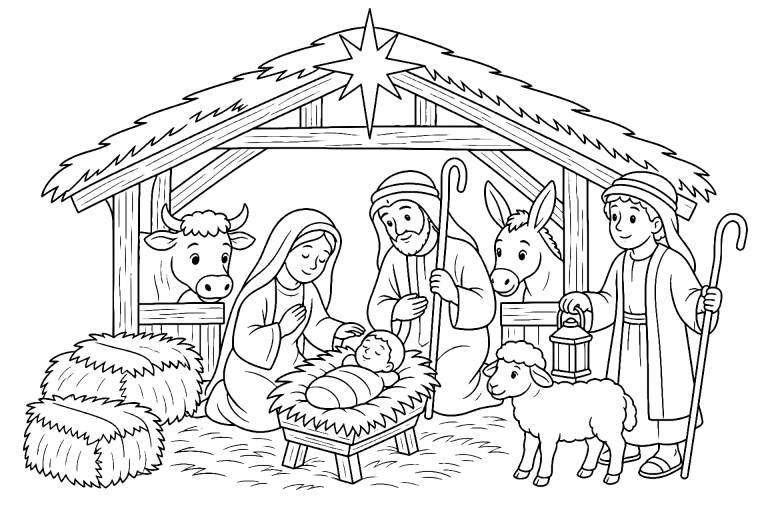 Die Weihnachtskrippe im Stall - Ausmalbild ab 6 Jahren