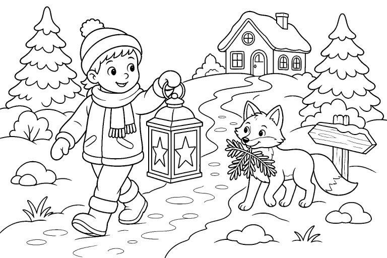 Die Weihnachtslaterne im Schnee - Ausmalbild ab 6 Jahren