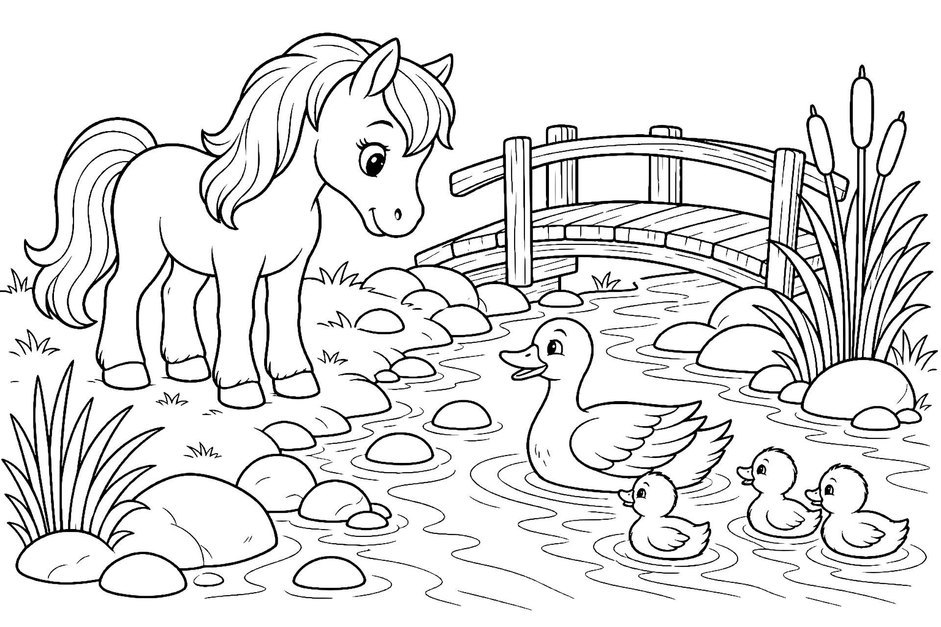 Pony am Bach mit Entenfamilie - Ausmalbild ab 6 Jahren
