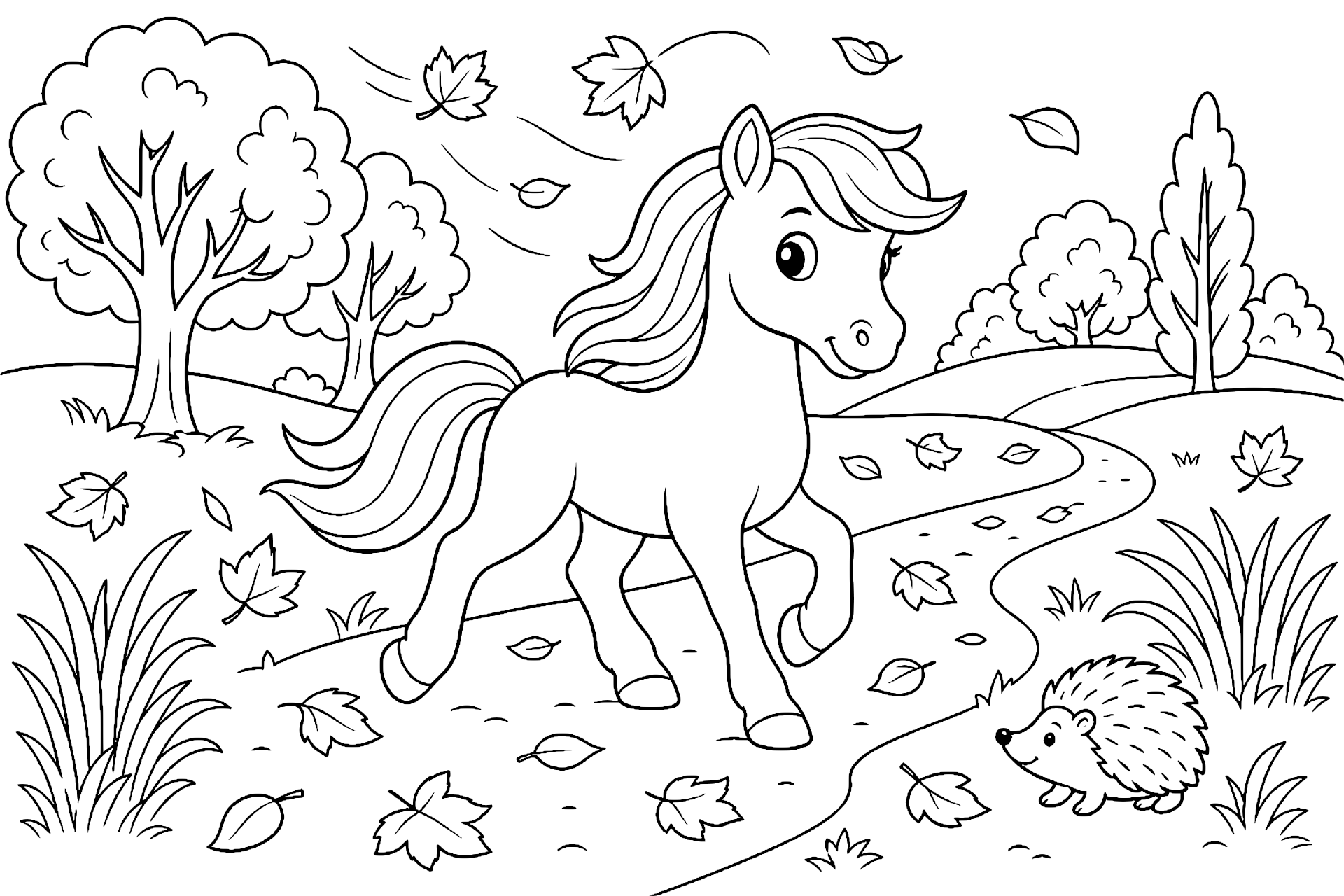 Pony auf dem Herbstweg - Ausmalbild ab 6 Jahren