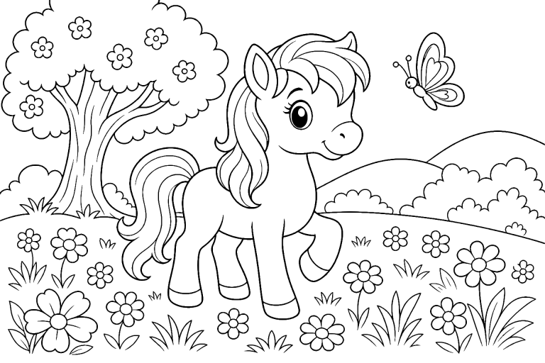 Pony auf der Blumenwiese - Ausmalbild ab 6 Jahren