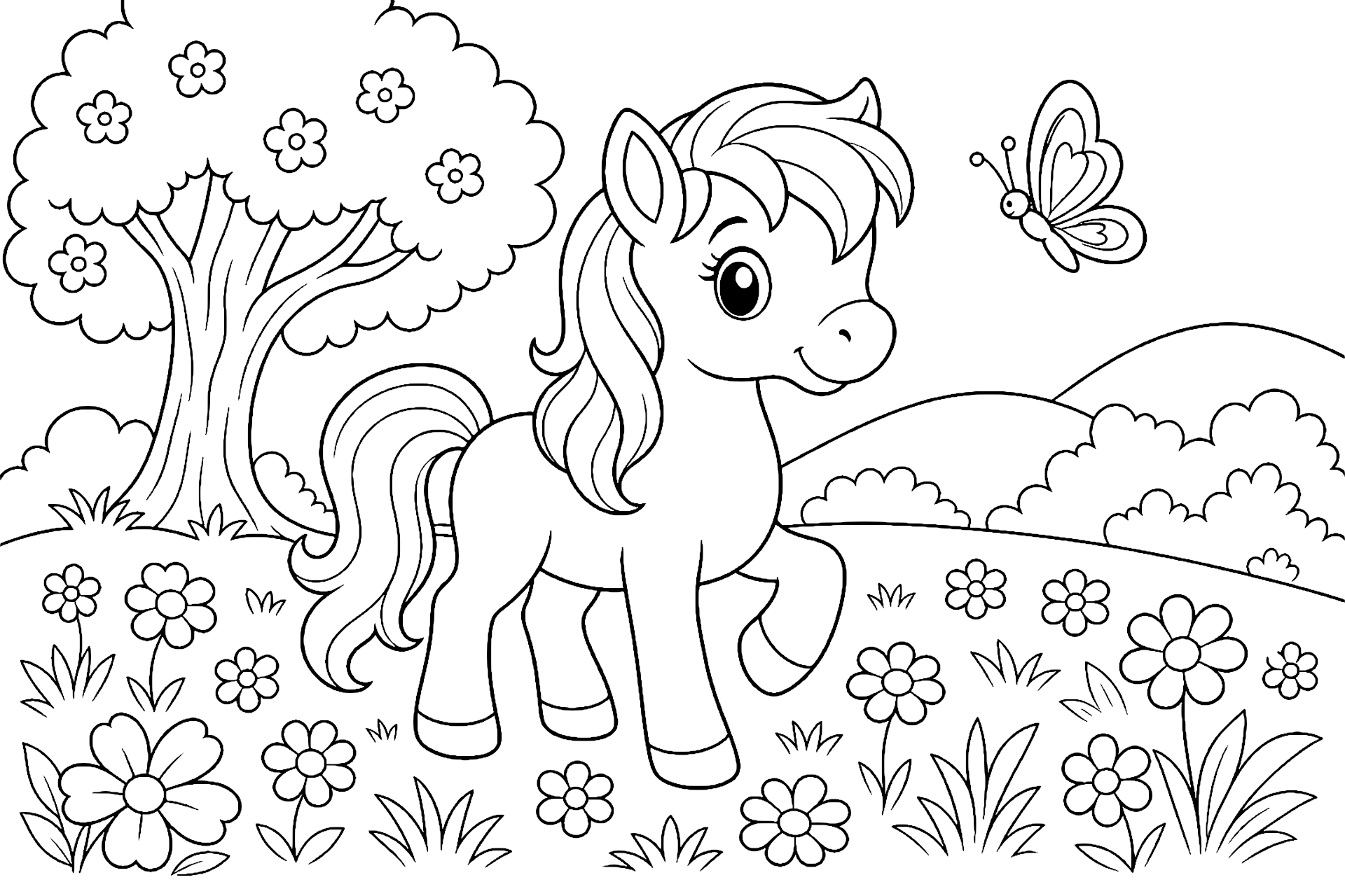 Pony auf der Blumenwiese - Ausmalbild ab 6 Jahren
