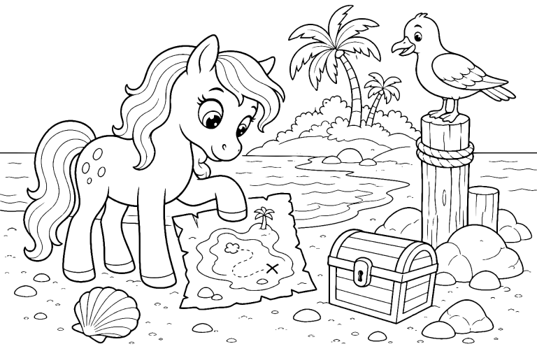 Pony auf der Schatzinsel - Ausmalbild ab 6 Jahren