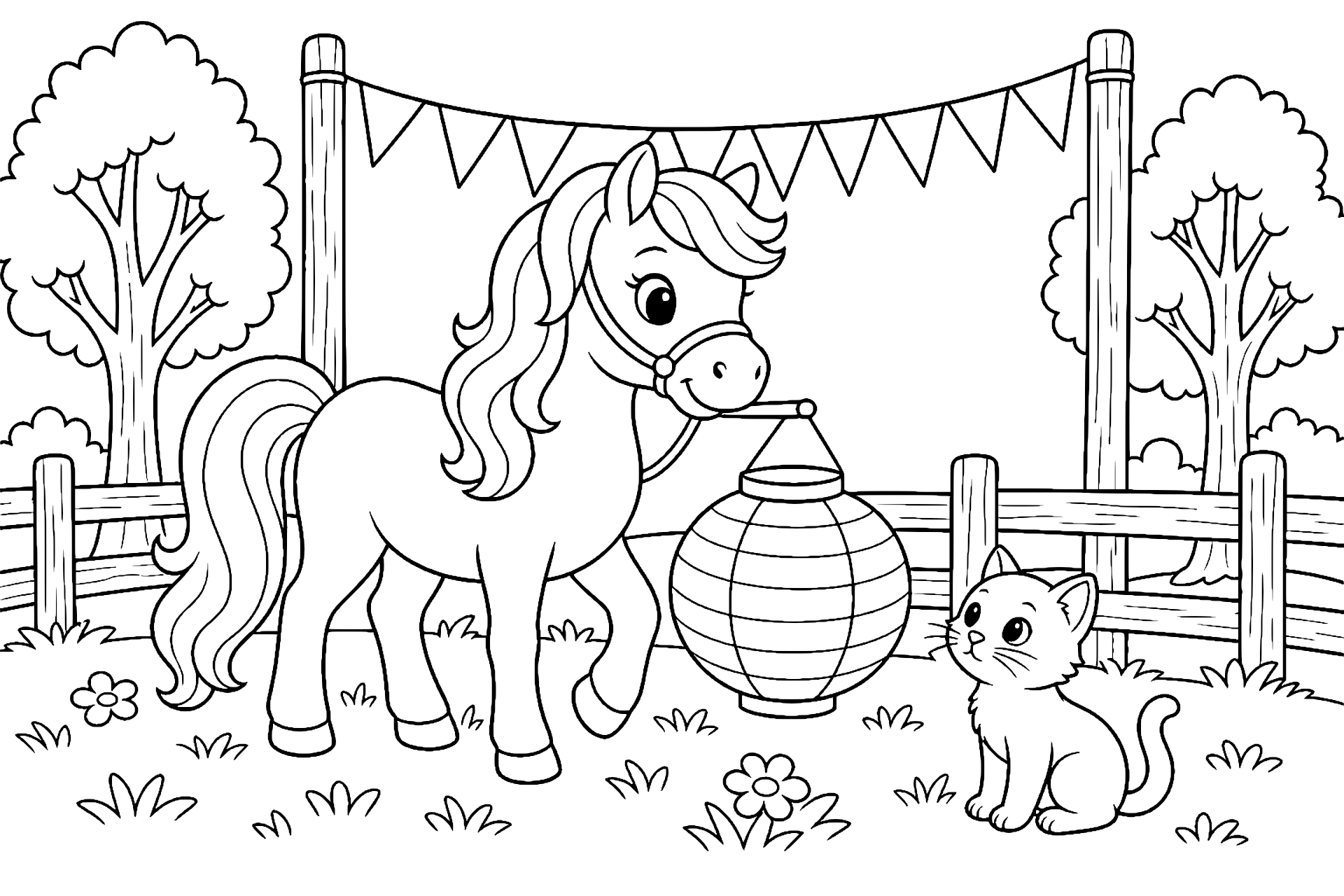 Pony beim Laternenfest - Ausmalbild ab 6 Jahren