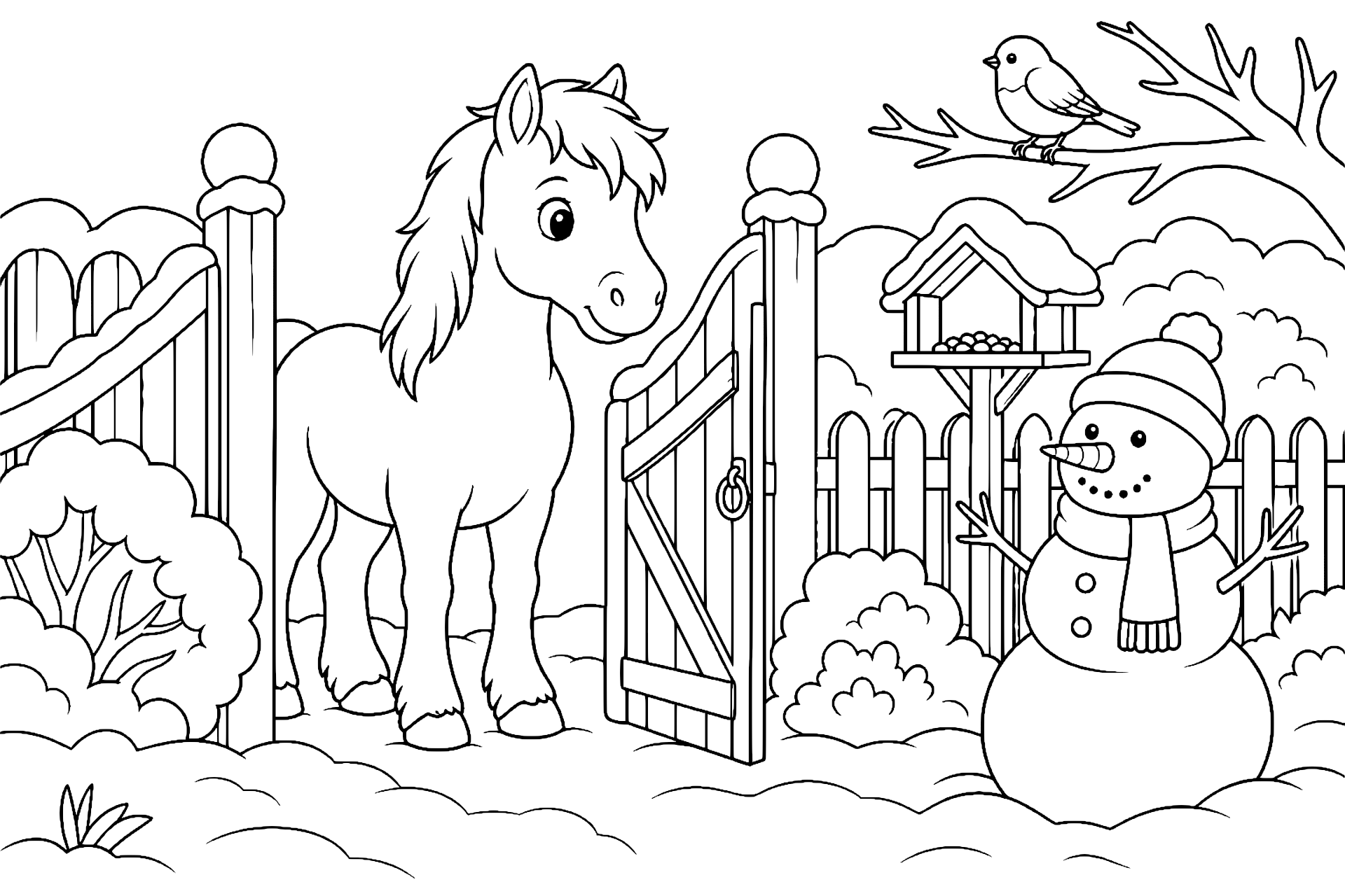 Pony im Wintergarten - Ausmalbild ab 6 Jahren